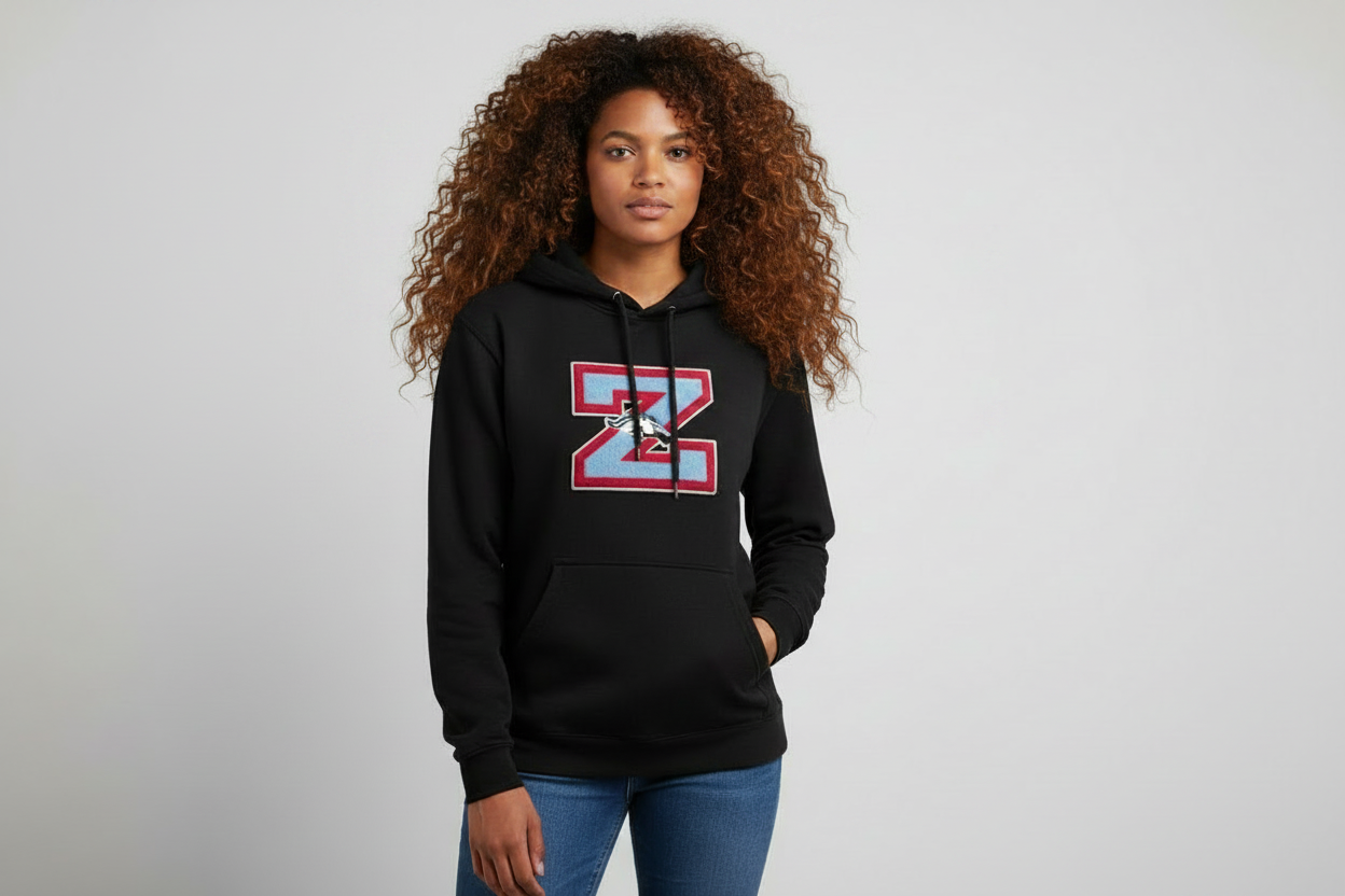 Black Z Hoodie on Model with Long Curly Hair